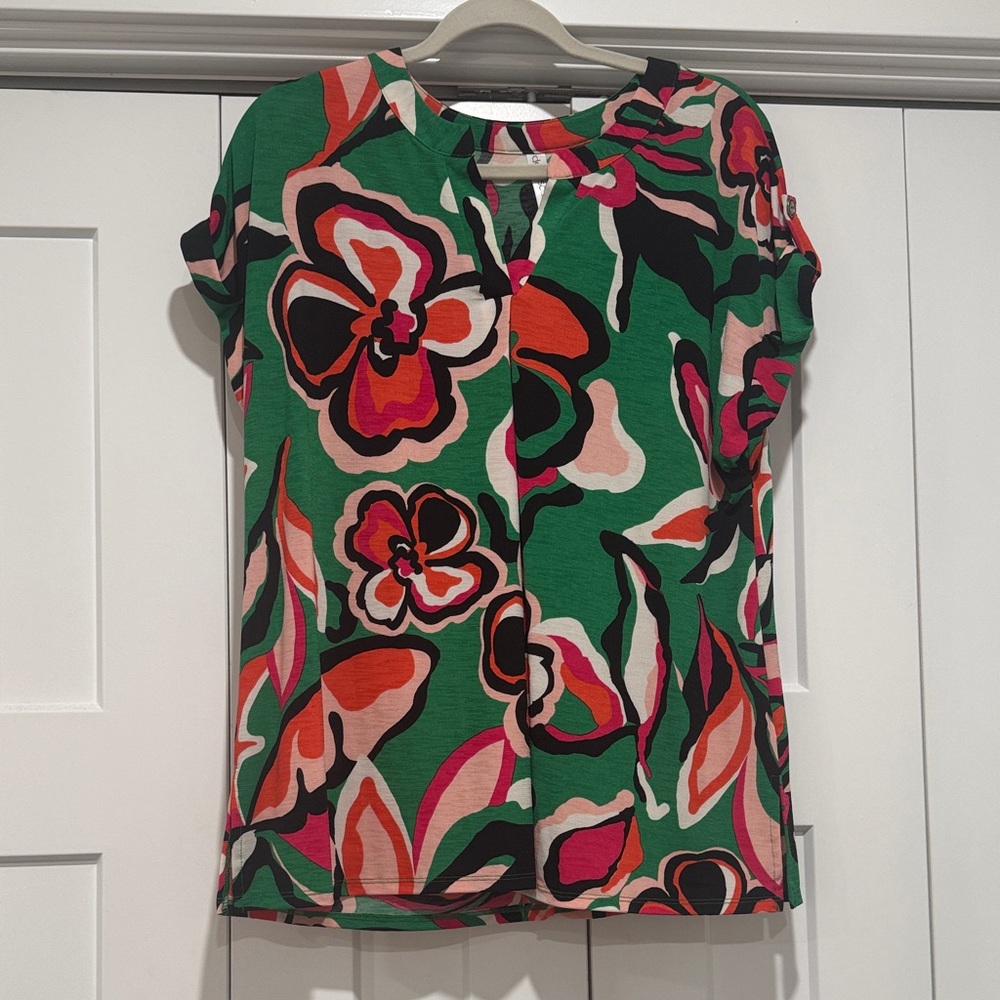 Vibrant Floral Women's Blouse in Green and Pink